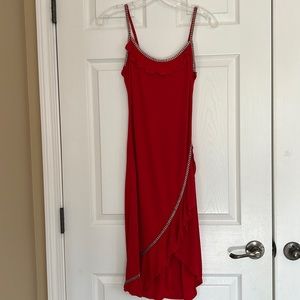 Classic Red Slip On Sequin Midi Dress Ruffles Slit Festive Dress  Small/medium
